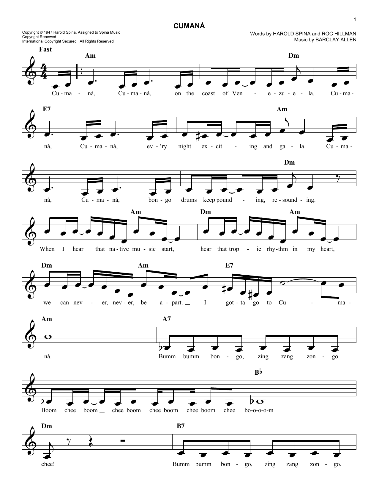 Learn to play Barclay Allen Cumana sheet music for Easy Lead Sheet / Fake Book in minutes. Price: 5.9900$ Barclay Allen Cumana sheet music notes and chords arranged for Easy Lead Sheet / Fake Book