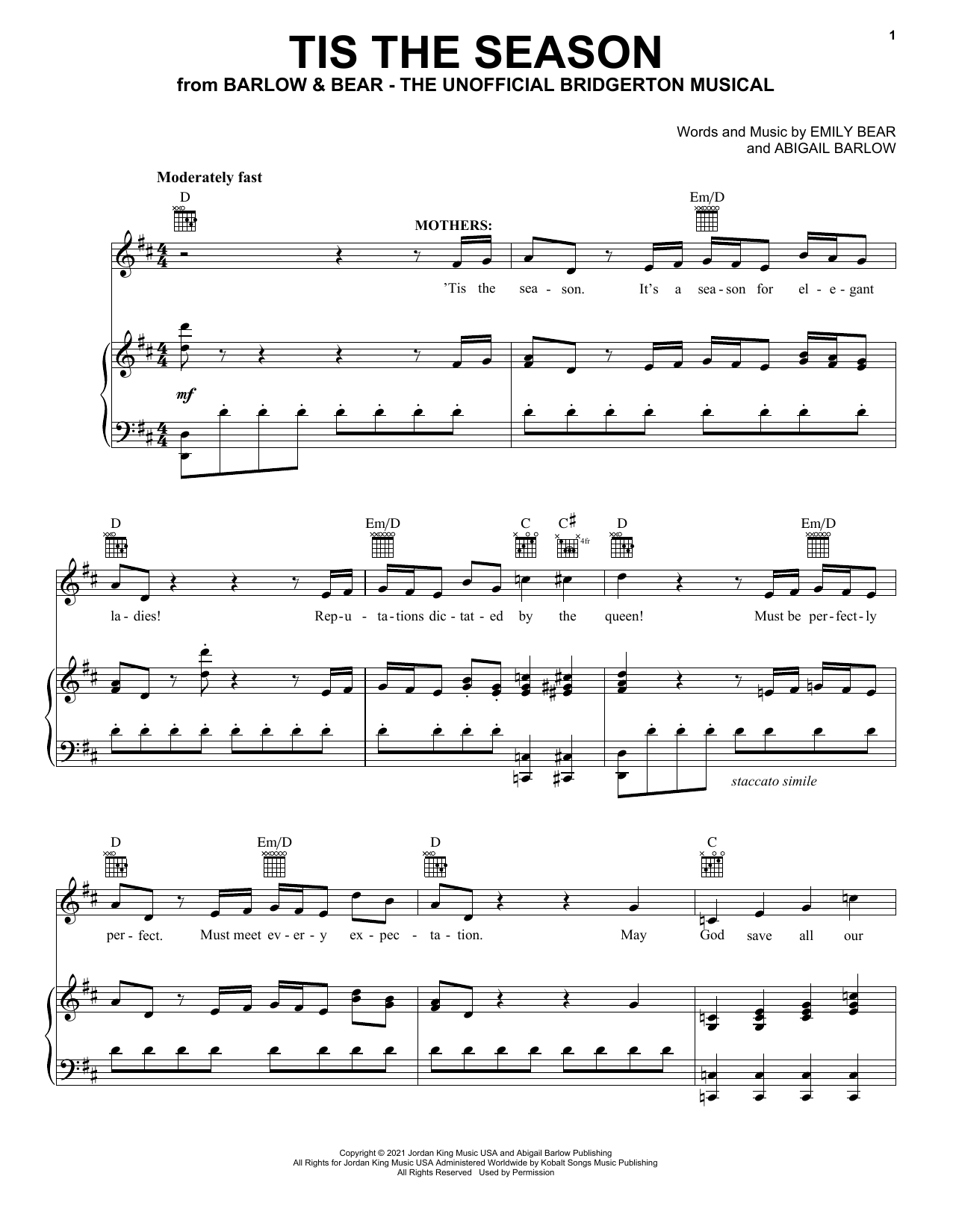 Learn to play Barlow & Bear Tis The Season (from The Unofficial Bridgerton Musical) sheet music for Easy Piano in minutes. Price: 6.9900$ Barlow & Bear Tis The Season (from The Unofficial Bridgerton Musical) sheet music notes and chords arranged for Easy Piano