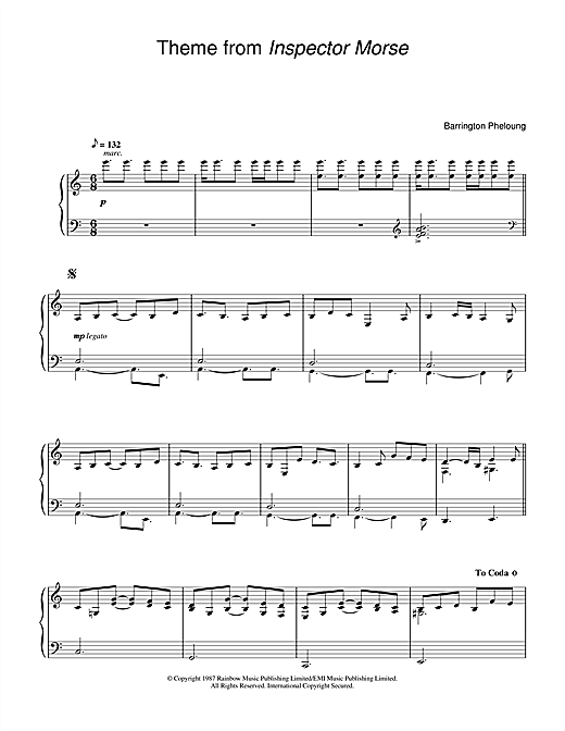 Learn to play Barrington Pheloung Theme from Inspector Morse sheet music for Piano Solo in minutes. Barrington Pheloung Theme from Inspector Morse sheet music notes and chords. Download Printable PDF.