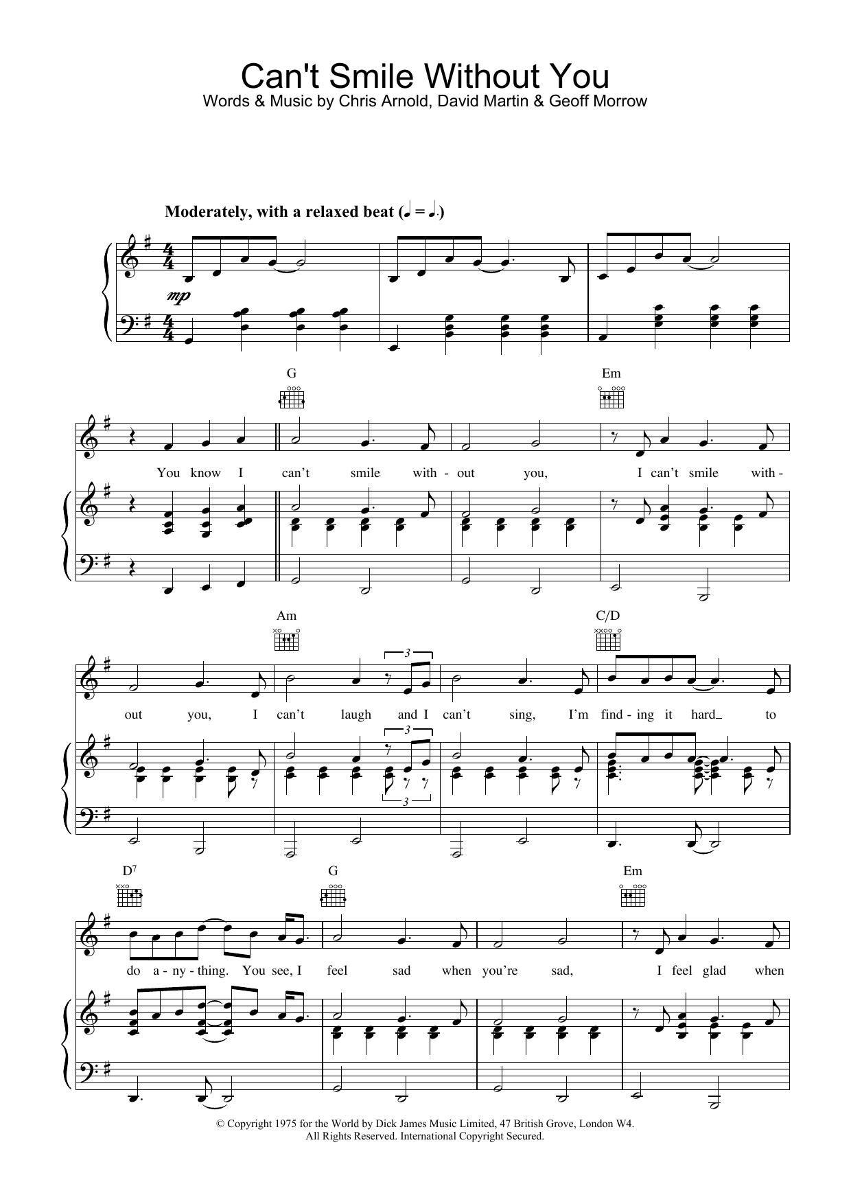 Barry Manilow Can t Smile Without You Sheet Music Chords For 