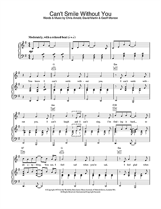Barry Manilow Can't Smile Without You sheet music notes and chords. Download Printable PDF.