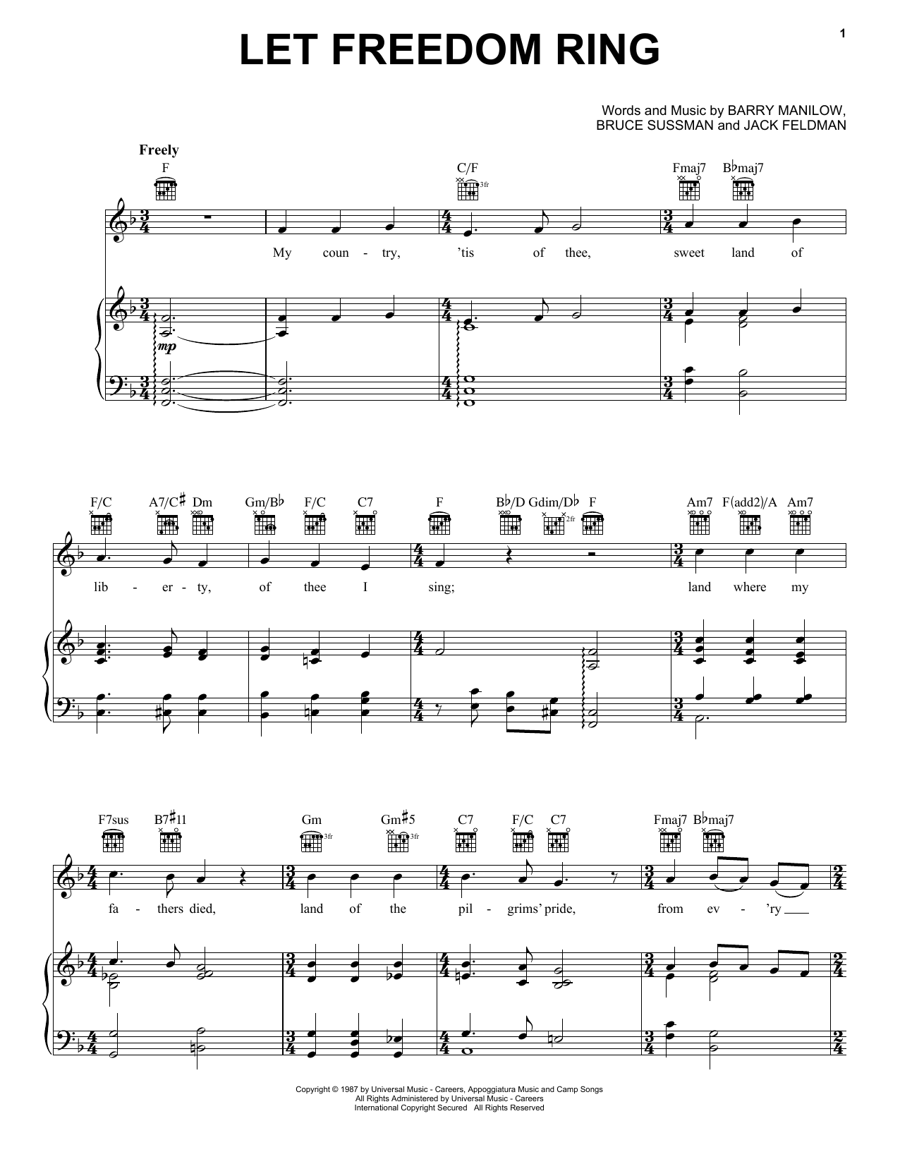 Barry Manilow Let Freedom Ring sheet music notes and chords. Download Printable PDF.