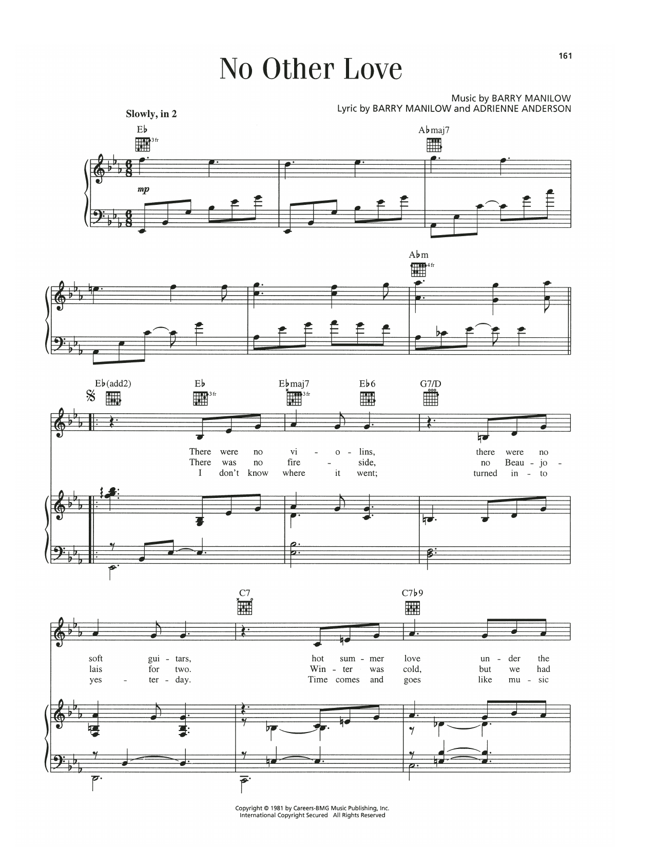 Barry Manilow No Other Love sheet music notes and chords. Download Printable PDF.