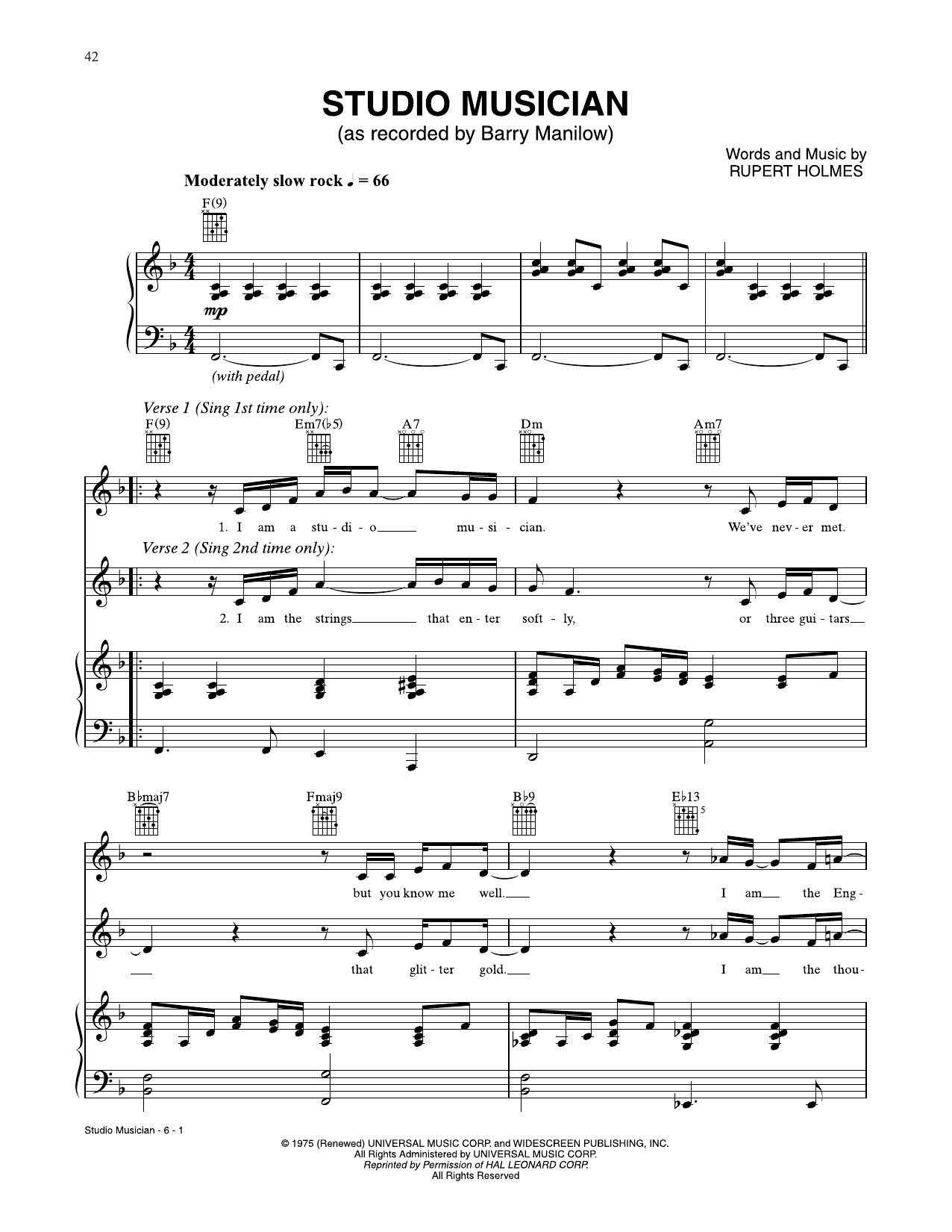 Barry Manilow Studio Musician sheet music notes and chords. Download Printable PDF.