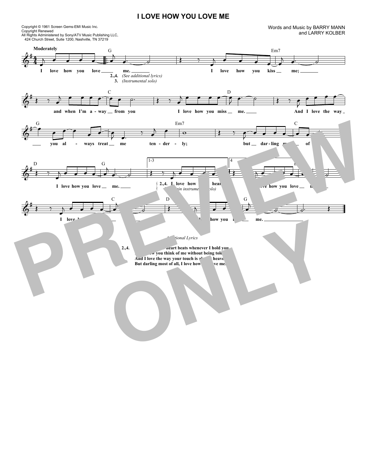 Learn to play Barry Mann I Love How You Love Me sheet music for Lead Sheet / Fake Book in minutes. Price: 5.9900$ Barry Mann I Love How You Love Me sheet music notes and chords arranged for Lead Sheet / Fake Book