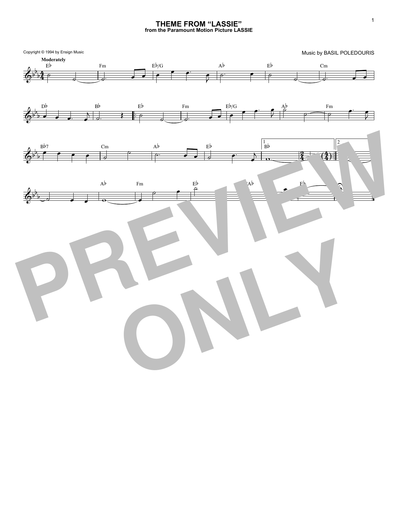 Basil Poledouris Theme From Lassie sheet music notes and chords. Download Printable PDF.