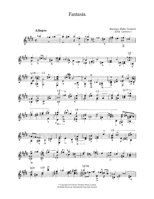 Learn to play Battista Dalla Gostena Fantasia sheet music for Solo Guitar in minutes. Battista Dalla Gostena Fantasia sheet music notes and chords. Download Printable PDF.
