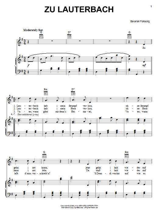 Learn to play Bavarian Folksong Zu Lauterbach (At Lauterbach) sheet music for Piano, Vocal & Guitar (Right-Hand Melody) in minutes. Bavarian Folksong Zu Lauterbach (At Lauterbach) sheet music notes and chords. Download Printable PDF.