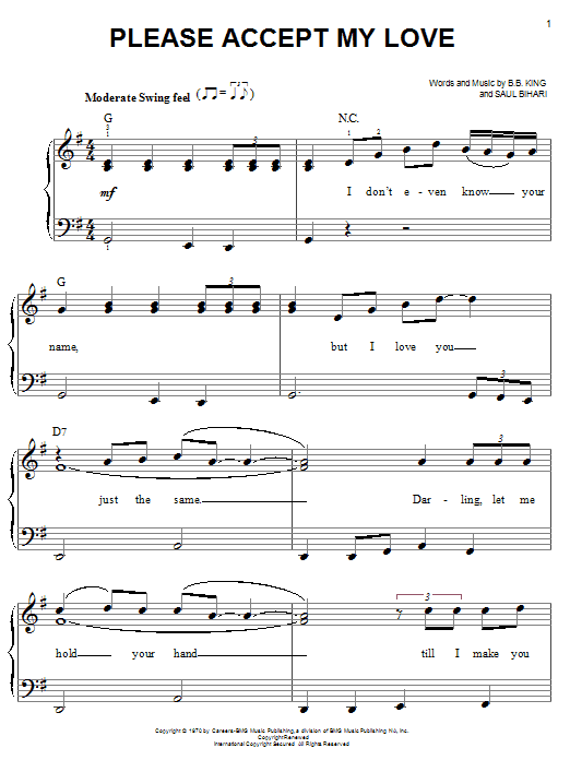Learn to play B.B. King Please Accept My Love sheet music for Easy Piano in minutes. Price: 6.9900$ B.B. King Please Accept My Love sheet music notes and chords arranged for Easy Piano