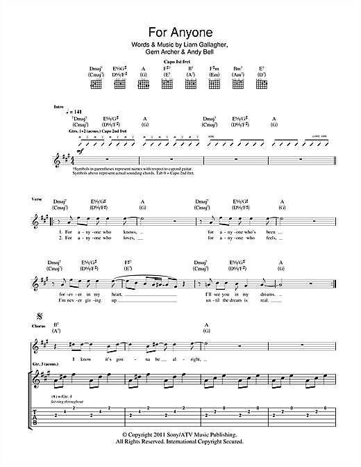 Beady Eye For Anyone sheet music notes and chords. Download Printable PDF.