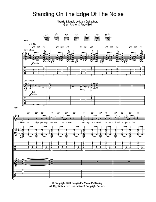 Learn to play Beady Eye Standing On The Edge Of The Noise sheet music for Guitar Tab in minutes. Price: 7.8900$ Beady Eye Standing On The Edge Of The Noise sheet music notes and chords arranged for Guitar Tab
