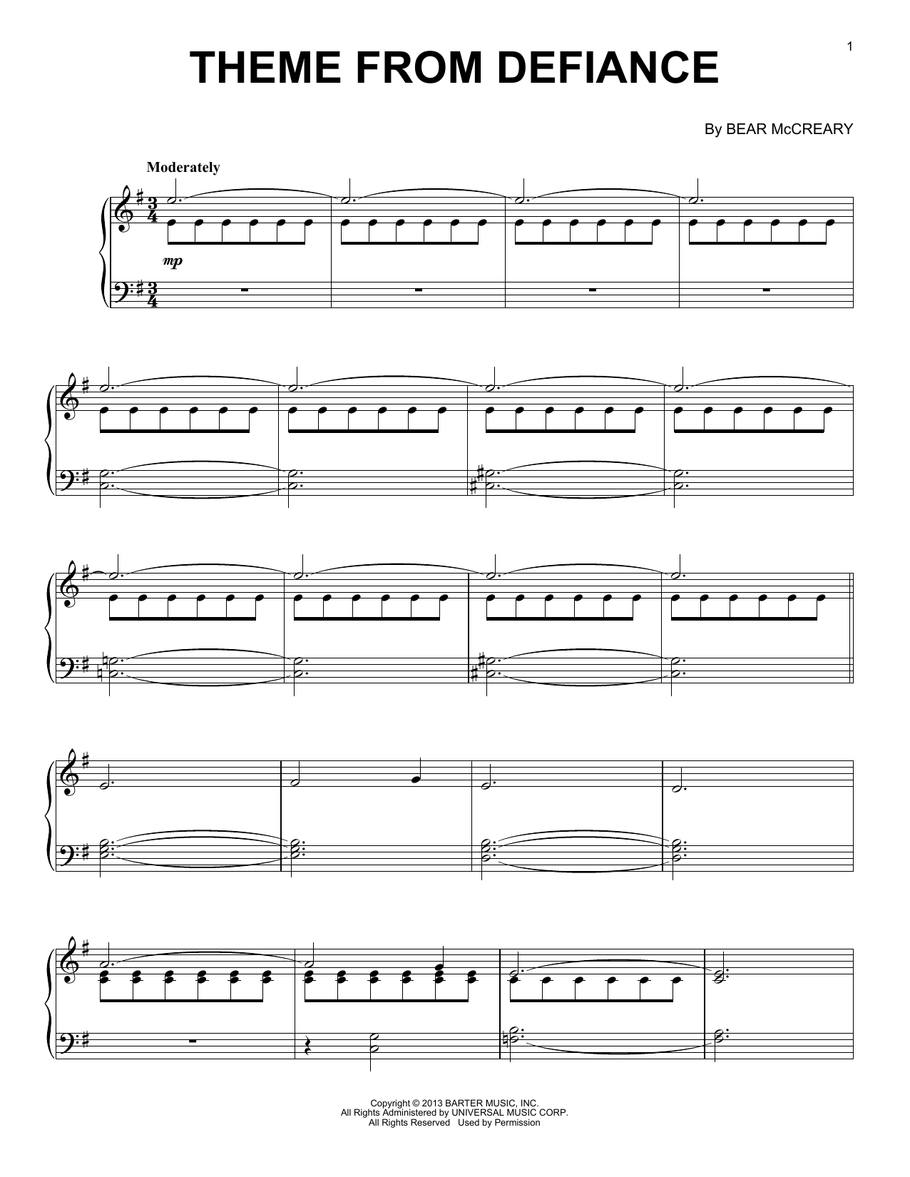 Bear McCreary Theme From Defiance sheet music notes and chords. Download Printable PDF.