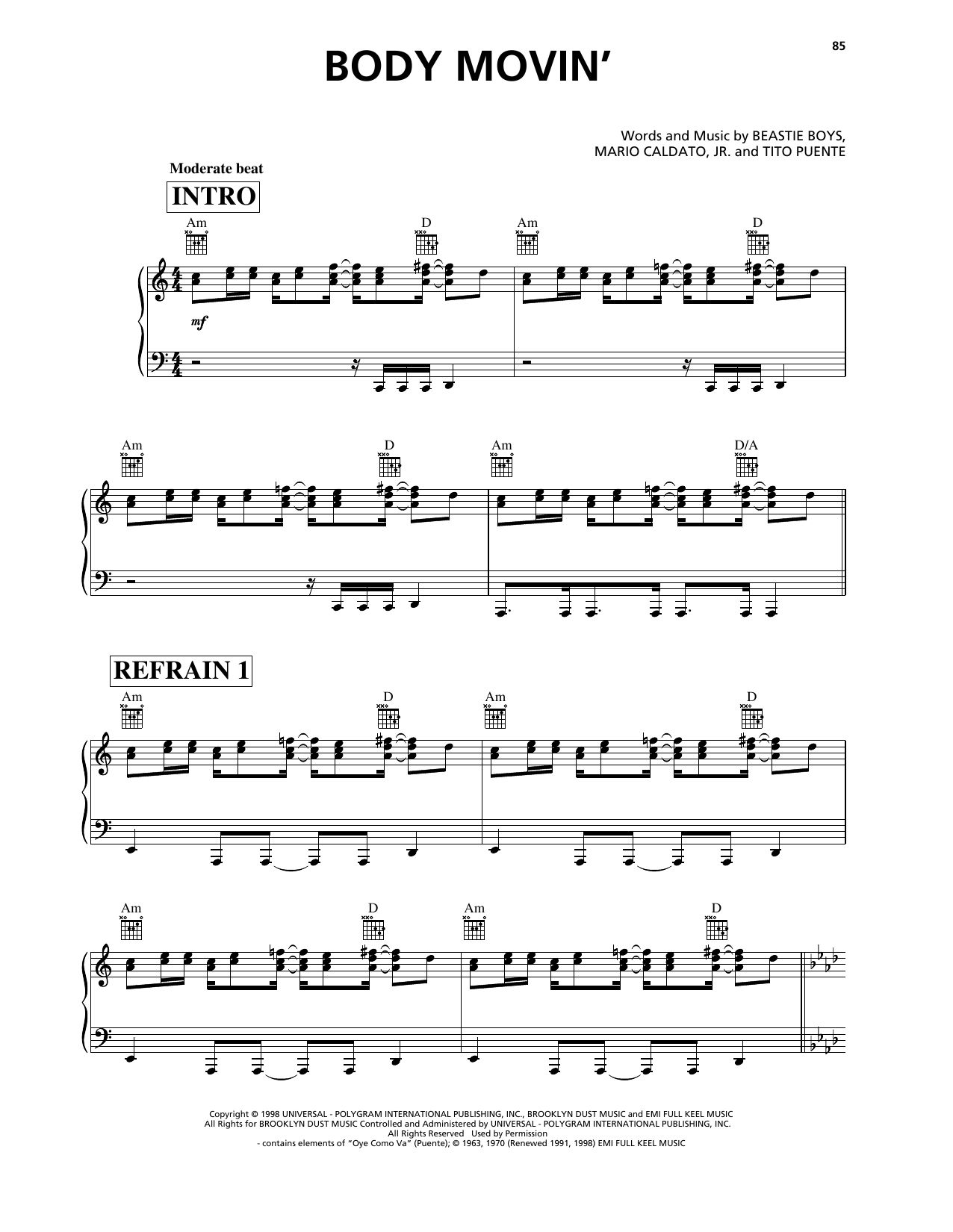 Beastie Boys Body Movin' sheet music notes and chords. Download Printable PDF.