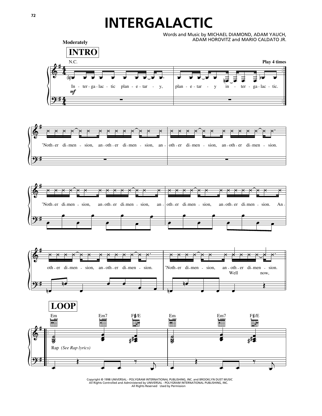 Beastie Boys Intergalactic sheet music notes and chords. Download Printable PDF.