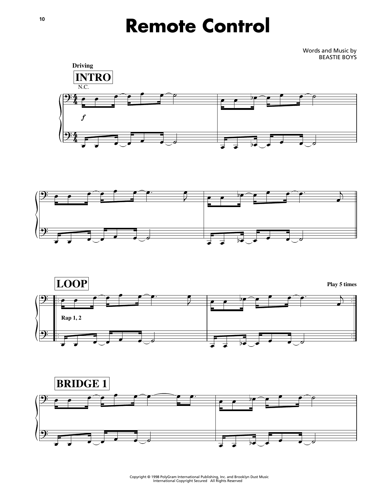 Beastie Boys Remote Control sheet music notes and chords. Download Printable PDF.