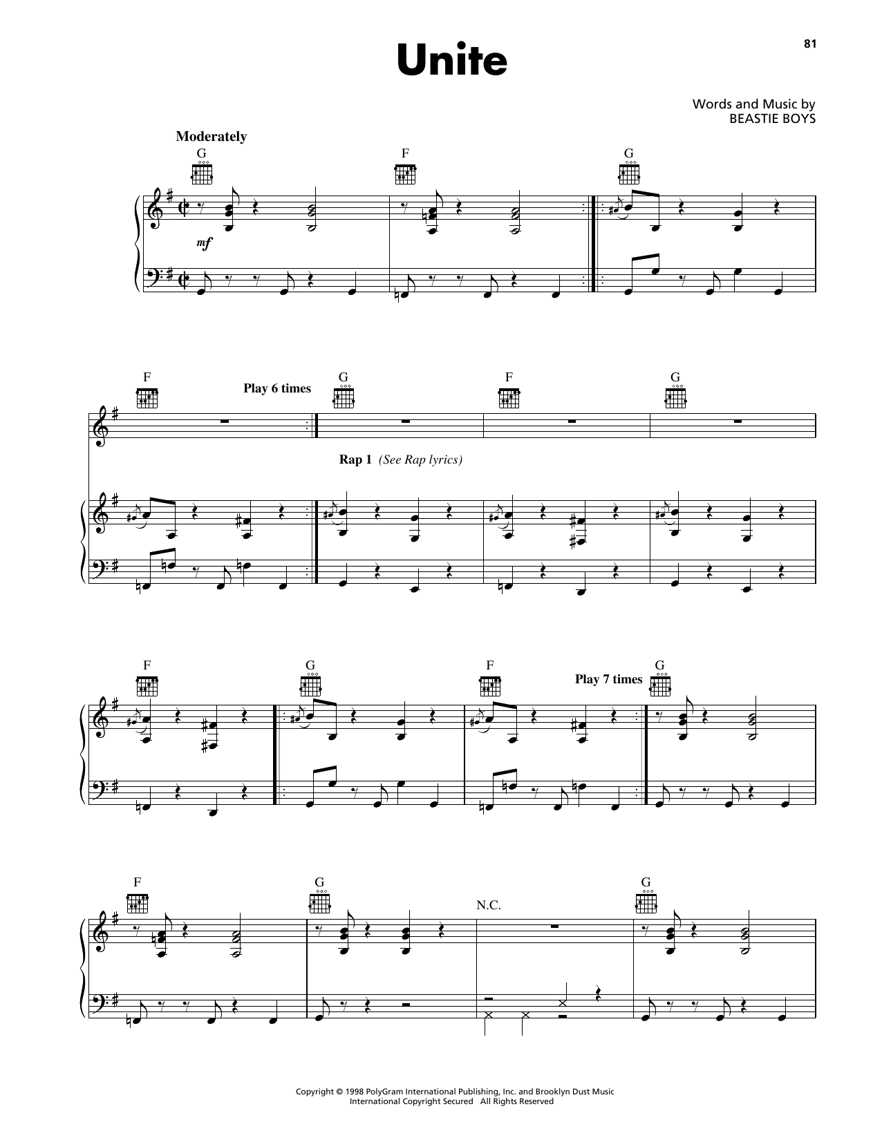 Beastie Boys Unite sheet music notes and chords. Download Printable PDF.