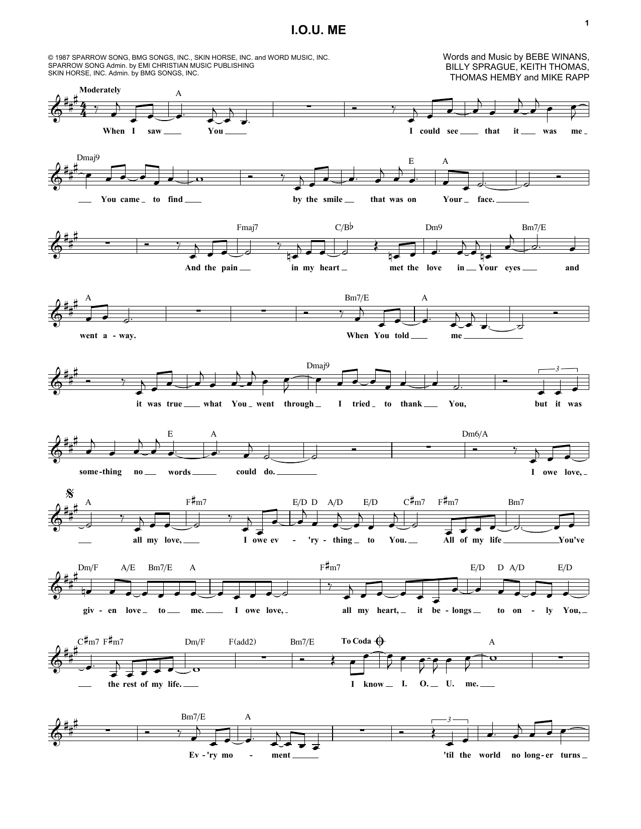 Learn to play BeBe and CeCe Winans I.O.U. Me sheet music for Lead Sheet / Fake Book in minutes. Price: 5.9900$ BeBe and CeCe Winans I.O.U. Me sheet music notes and chords arranged for Lead Sheet / Fake Book