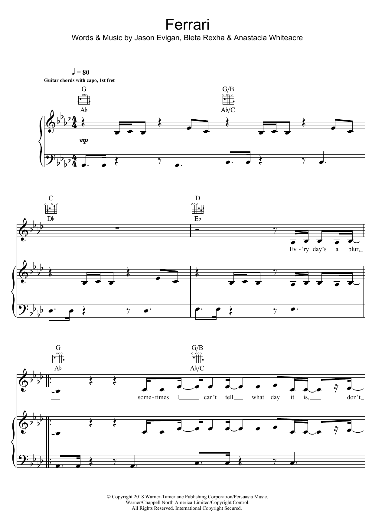 Bebe Rexha Ferrari sheet music notes and chords. Download Printable PDF.