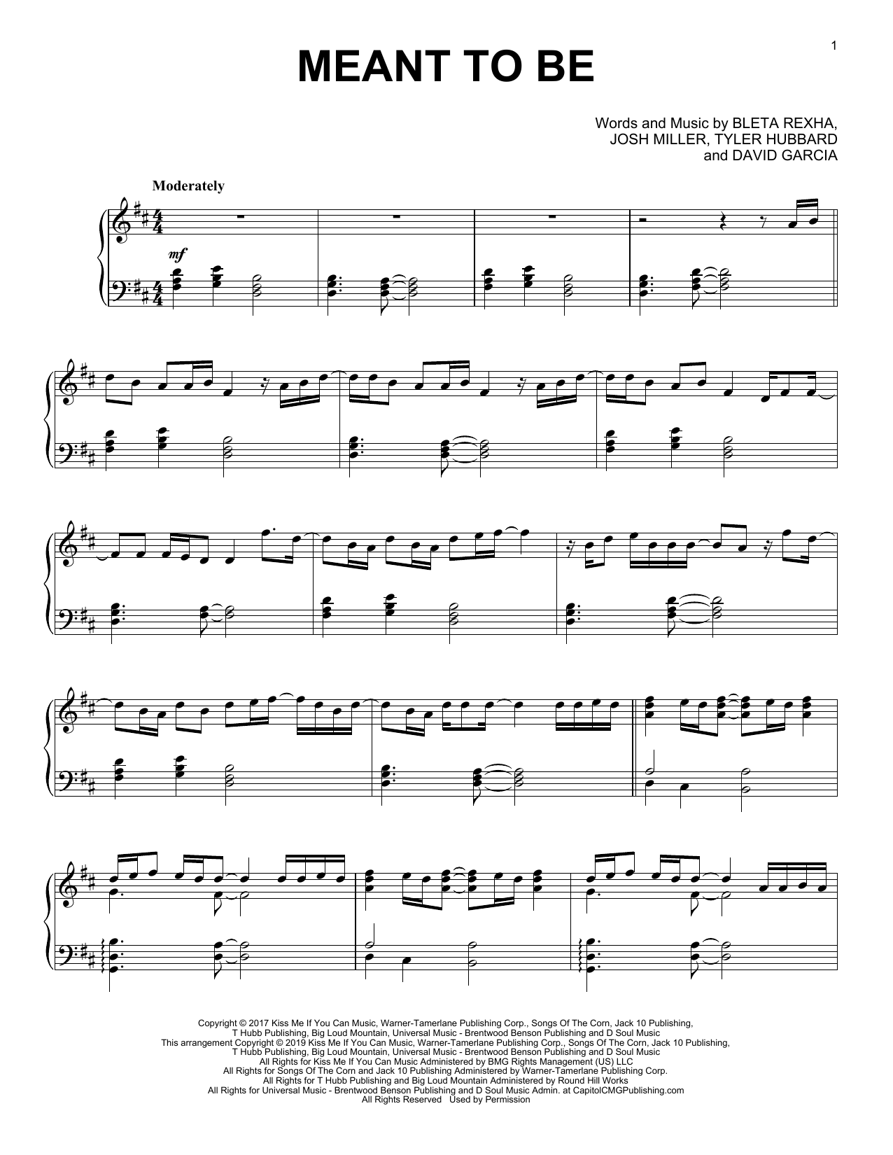 Bebe Rexha Meant To Be (feat. Florida Georgia Line) sheet music notes and chords. Download Printable PDF.