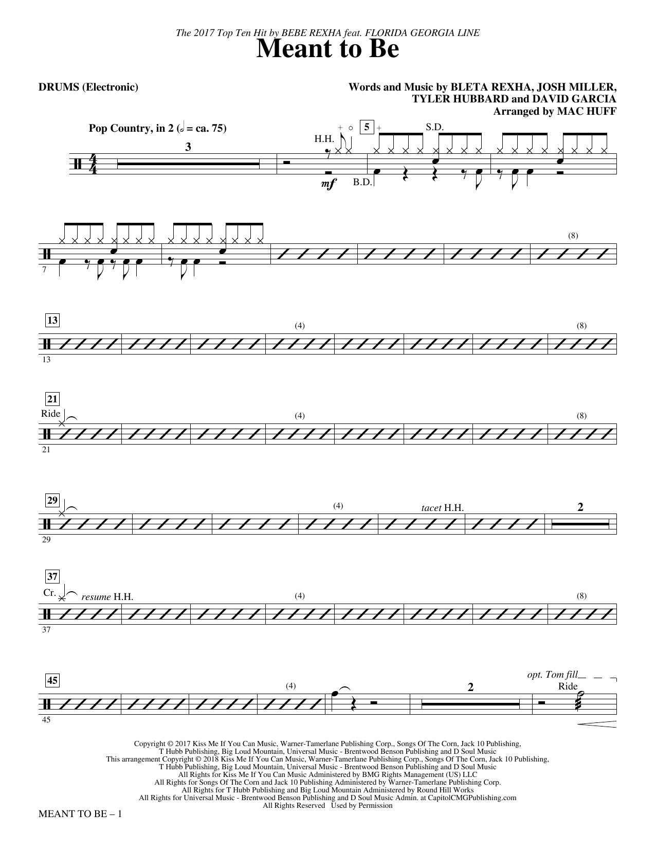 Learn to play Bebe Rexha Meant to Be (Feat. Florida Georgia Line) (arr. Mac Huff) - Drums sheet music for Choir Instrumental Pak in minutes. Bebe Rexha Meant to Be (Feat. Florida Georgia Line) (arr. Mac Huff) - Drums sheet music notes and chords. Download Printable PDF.