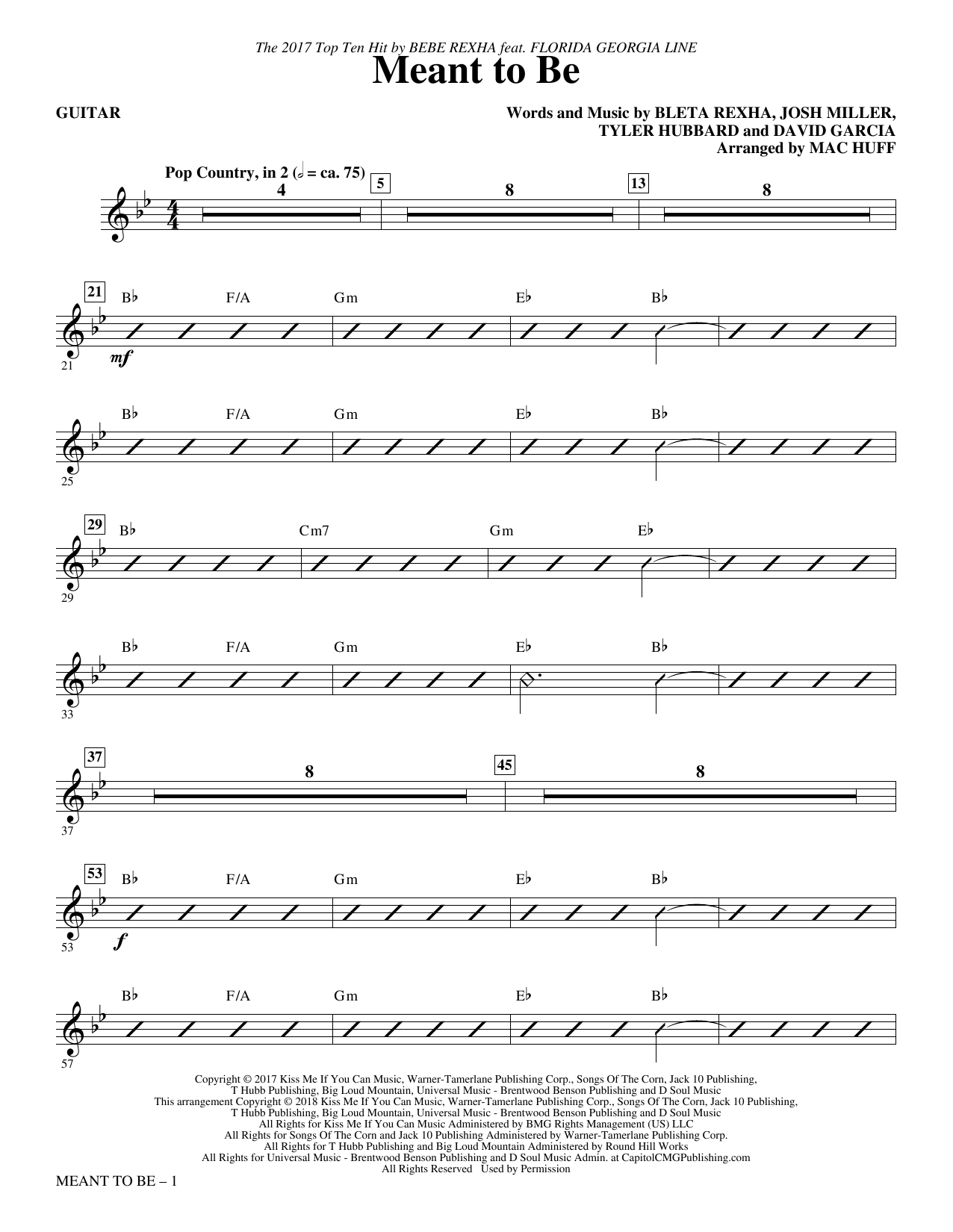 Learn to play Bebe Rexha Meant to Be (Feat. Florida Georgia Line) (arr. Mac Huff) - Guitar sheet music for Choir Instrumental Pak in minutes. Bebe Rexha Meant to Be (Feat. Florida Georgia Line) (arr. Mac Huff) - Guitar sheet music notes and chords. Download Printable PDF.