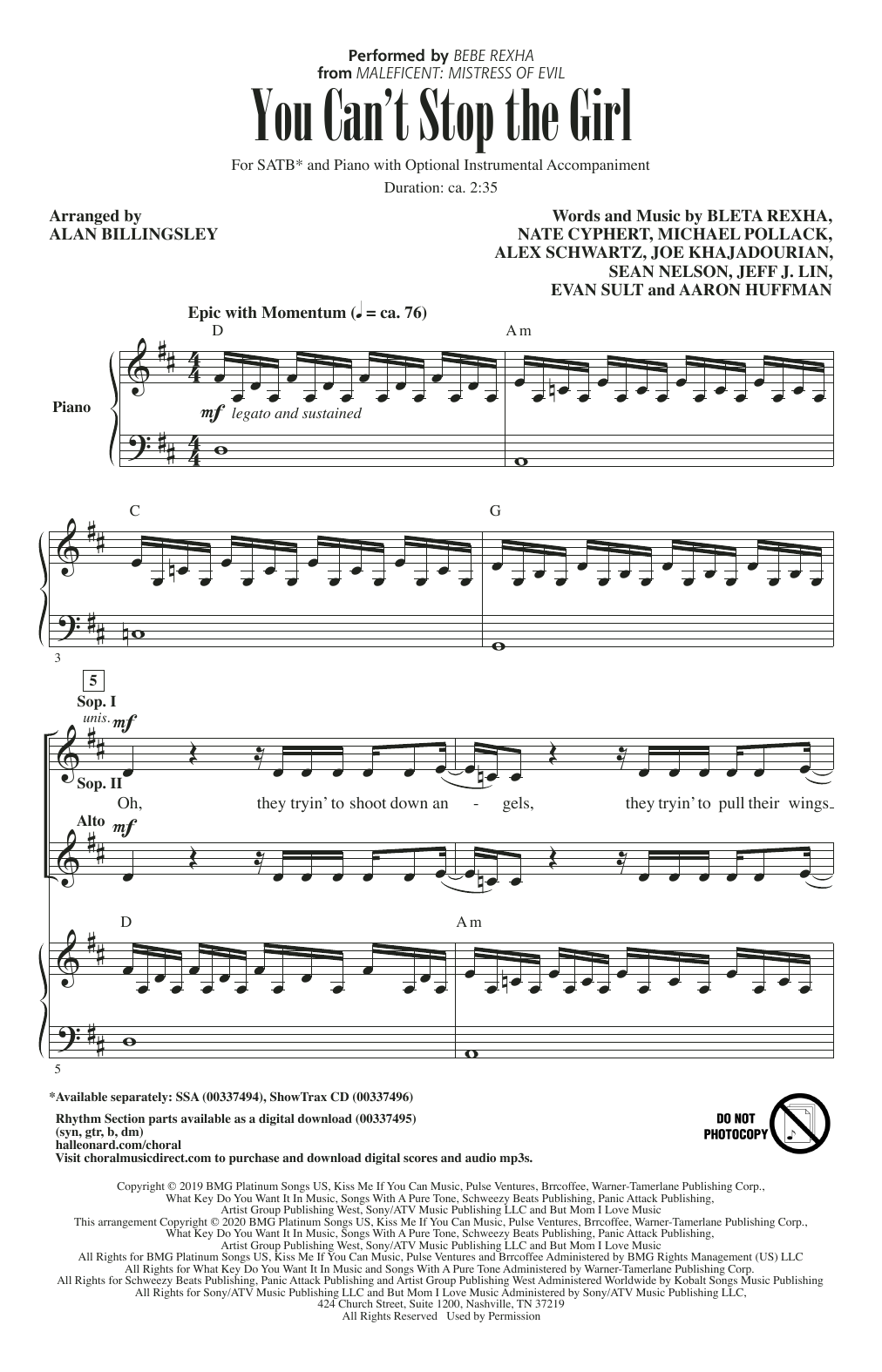 Bebe Rexha You Can't Stop The Girl (from Disney's Maleficent: Mistress of Evil) (arr. Alan Billingsley) sheet music notes and chords. Download Printable PDF.
