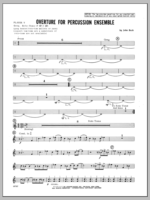 Learn to play Beck Overture For Percussion Ensemble - Percussion 5 sheet music for Percussion Ensemble in minutes. Beck Overture For Percussion Ensemble - Percussion 5 sheet music notes and chords. Download Printable PDF.
