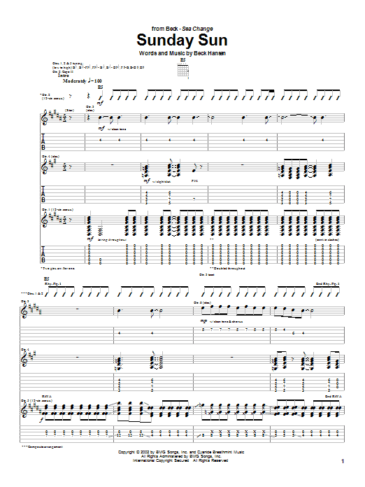 Beck Sunday Sun Sheet Music Pdf Notes Chords Rock Score Guitar Tab Download Printable Sku