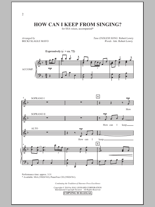 Learn to play Becki Slagle Mayo How Can I Keep From Singing? sheet music for SSA Choir in minutes. Price: 3.9900$ Becki Slagle Mayo How Can I Keep From Singing? sheet music notes and chords arranged for SSA Choir
