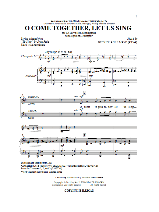 Learn to play Becki Slagle Mayo O Come Together, Let Us Sing sheet music for SSA Choir in minutes. Price: 3.9900$ Becki Slagle Mayo O Come Together, Let Us Sing sheet music notes and chords arranged for SSA Choir