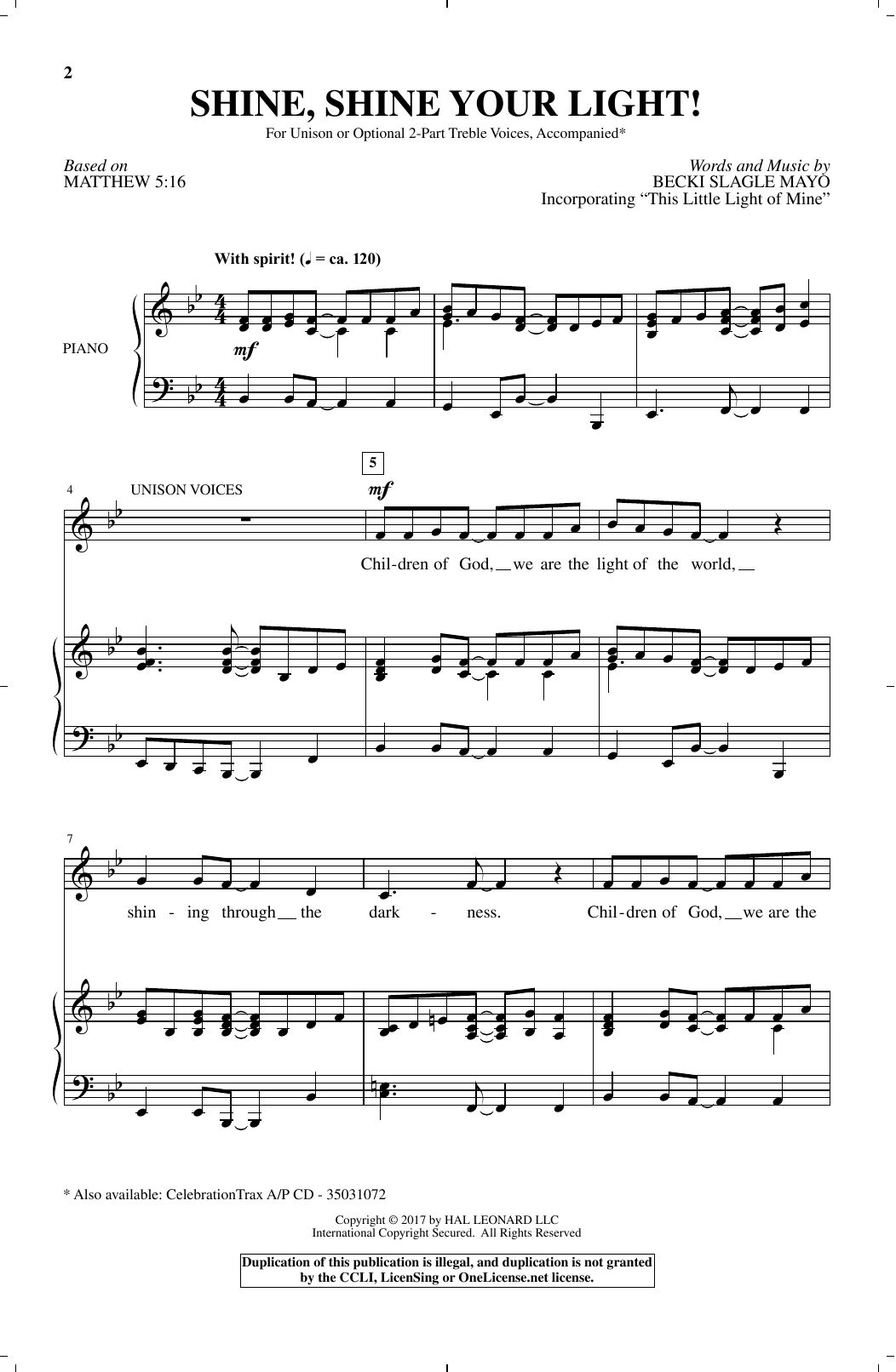 Becki Slagle Mayo Shine, Shine Your Light! sheet music notes and chords. Download Printable PDF.