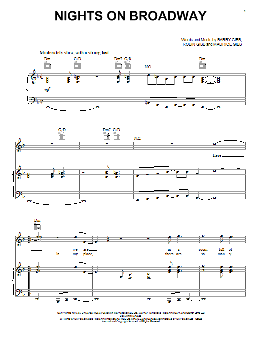 Bee Gees Nights On Broadway sheet music notes and chords - Download Printable PDF and start playing in minutes.
