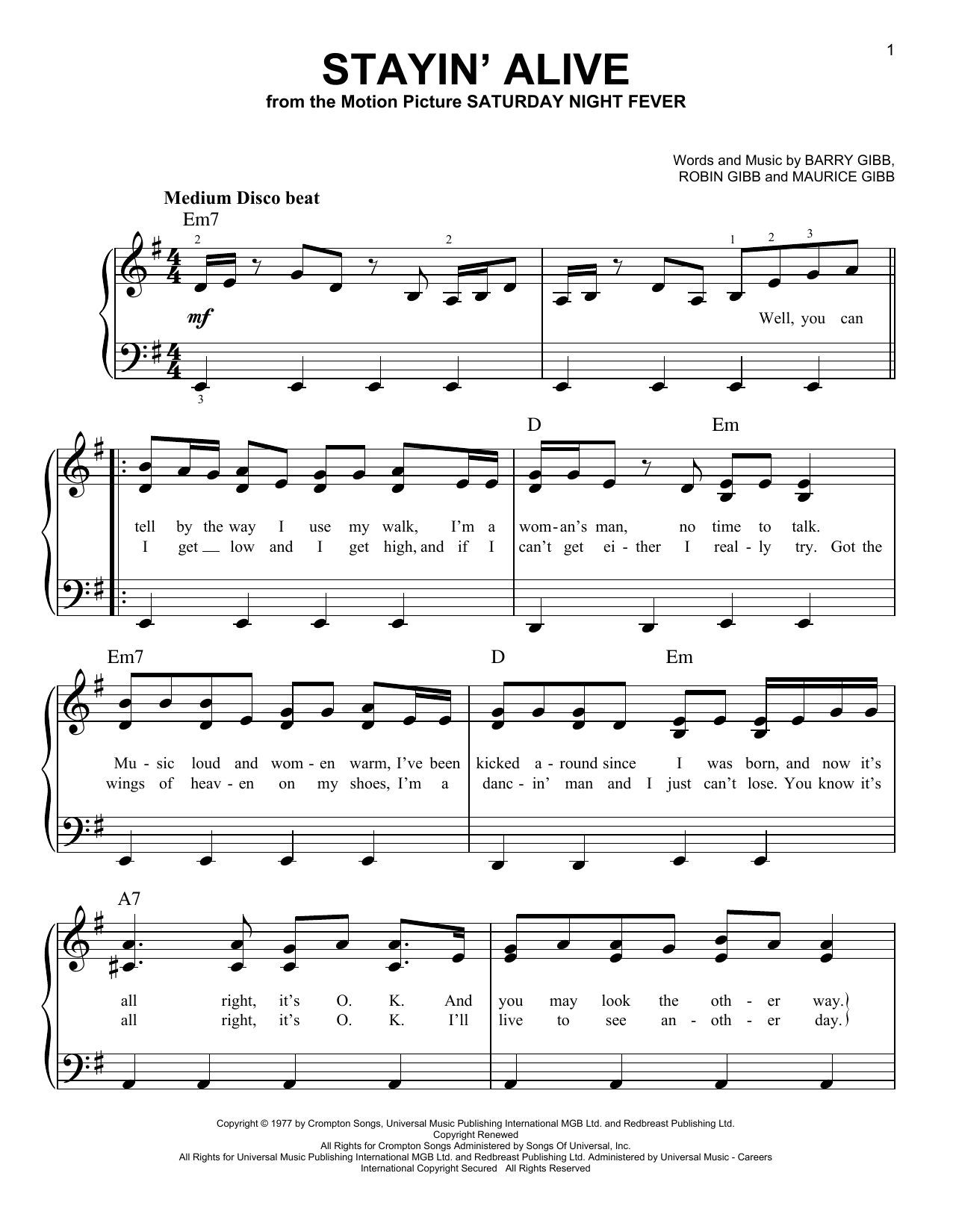 Bee Gees Stayin' Alive sheet music notes and chords. Download Printable PDF.