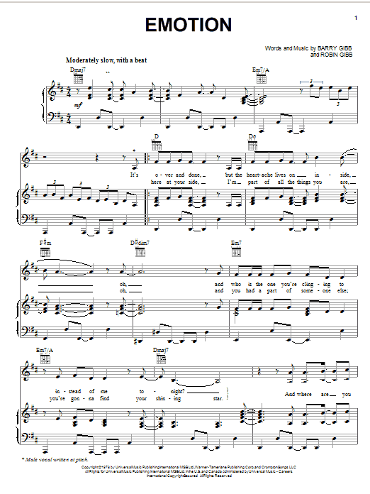 Preview Bee Gees Emotion Rock sheet music, notes and chords for Piano, Vocal & Guitar (Right-Hand Melody), SKU: 20769 sheet music, piano notes, chords, guitar tabs, score, transpose, transcribe, how to play, guide, download, learn, tutorial, progression, song, artist, awards, billboard, mtv, vh1, tour, single, album, release