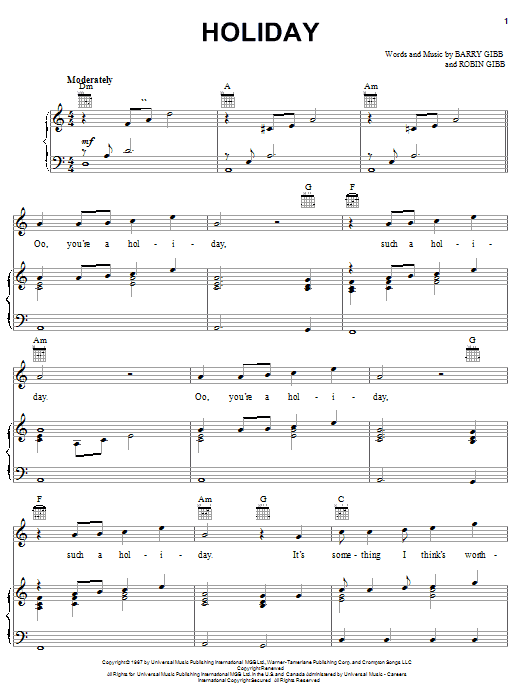Preview Bee Gees Holiday Pop sheet music, notes and chords for Piano, Vocal & Guitar (Right-Hand Melody), SKU: 20774 sheet music, piano notes, chords, guitar tabs, score, transpose, transcribe, how to play, guide, download, learn, tutorial, progression, song, artist, awards, billboard, mtv, vh1, tour, single, album, release