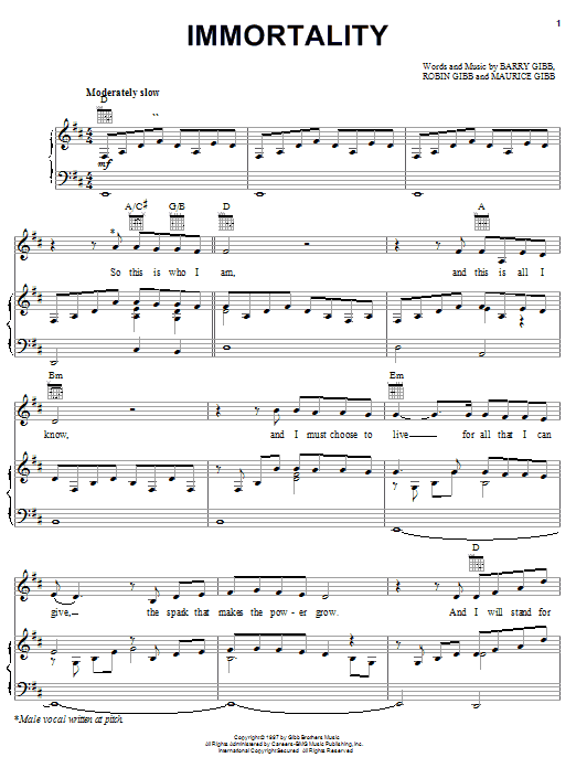 Learn to play Bee Gees Immortality sheet music for Piano, Vocal & Guitar (Right-Hand Melody) in minutes. Bee Gees Immortality sheet music notes and chords