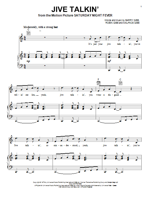 Bee Gees Jive Talkin' sheet music notes and chords. Download Printable PDF.