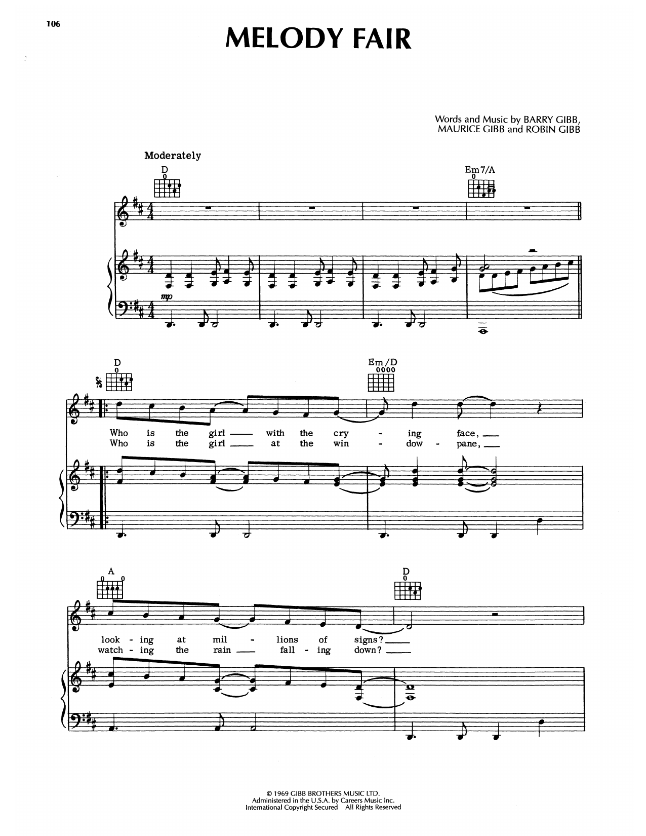 Bee Gees Melody Fair sheet music notes and chords. Download Printable PDF.