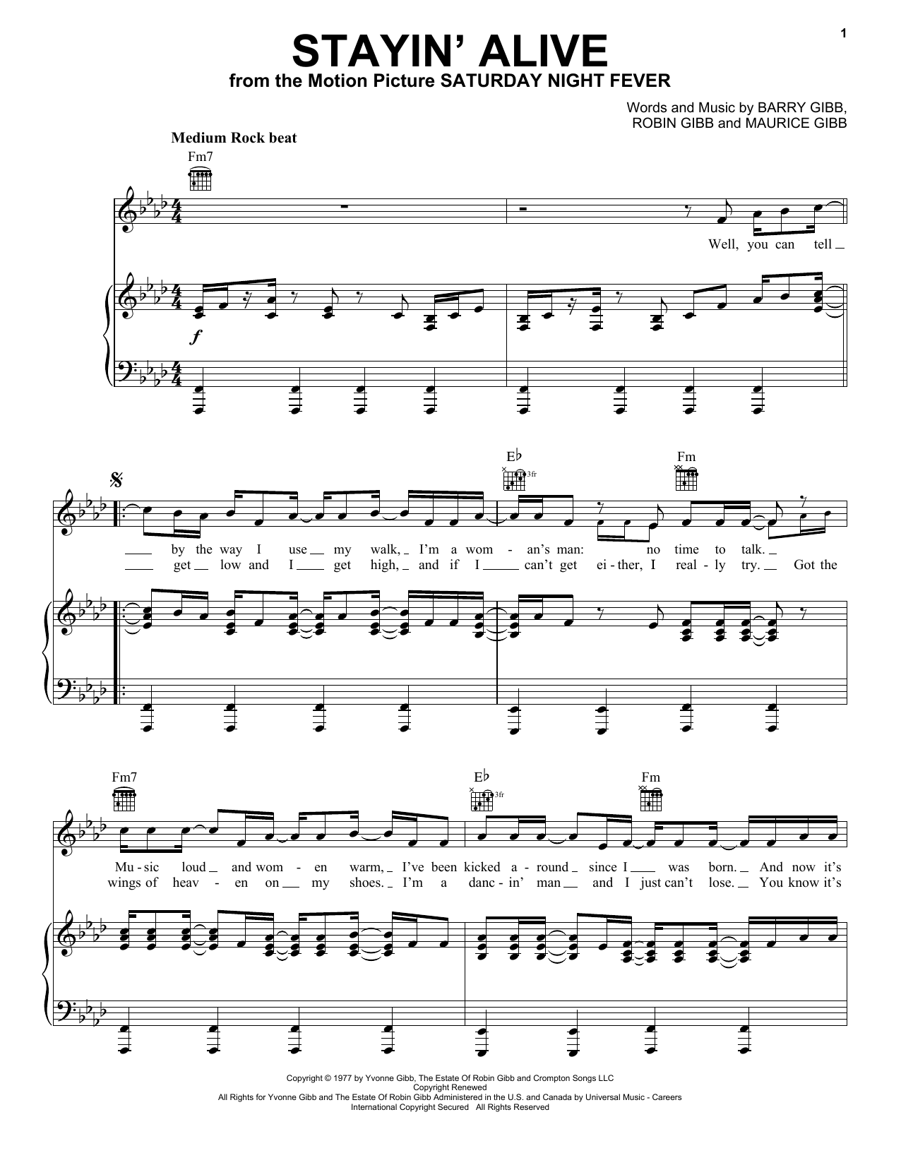 Bee Gees Stayin' Alive sheet music notes and chords. Download Printable PDF.