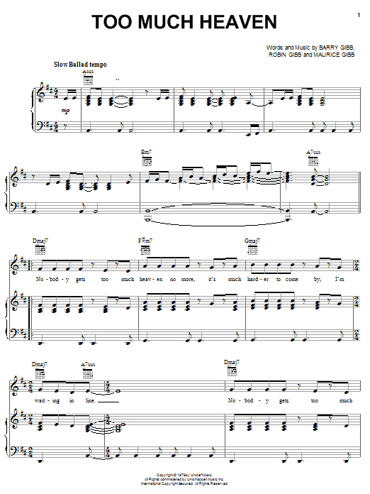 Preview Bee Gees Too Much Heaven Weddings sheet music, notes and chords for Piano, Vocal & Guitar (Right-Hand Melody), SKU: 20790 sheet music, piano notes, chords, guitar tabs, score, transpose, transcribe, how to play, guide, download, learn, tutorial, progression, song, artist, awards, billboard, mtv, vh1, tour, single, album, release