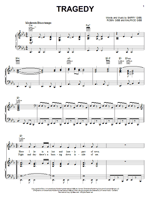 Bee Gees Tragedy sheet music notes and chords. Download Printable PDF.