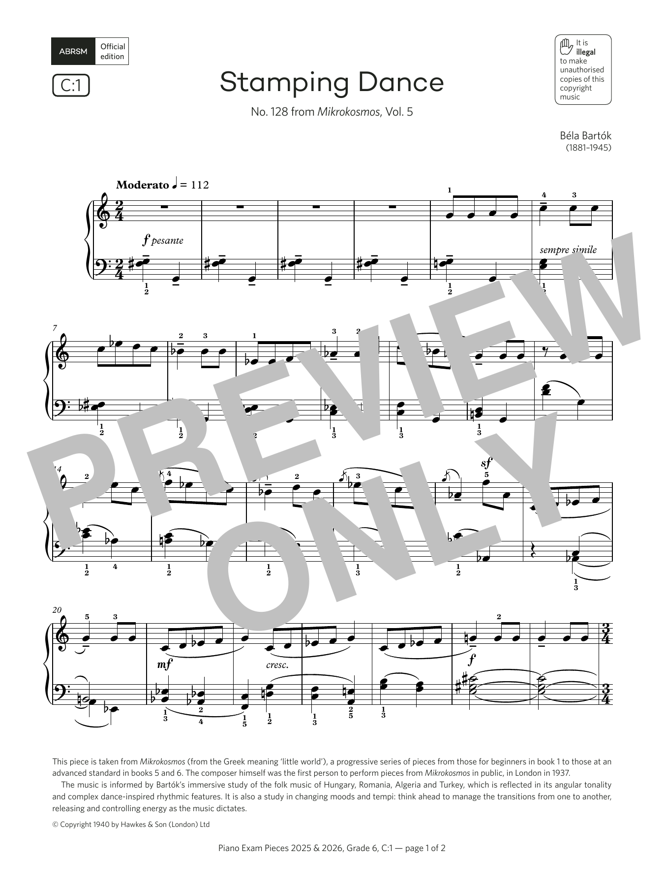 Béla Bartók Stamping Dance (Grade 6, list C1, from the ABRSM Piano Syllabus 2025 & 2026) sheet music notes and chords. Download Printable PDF.