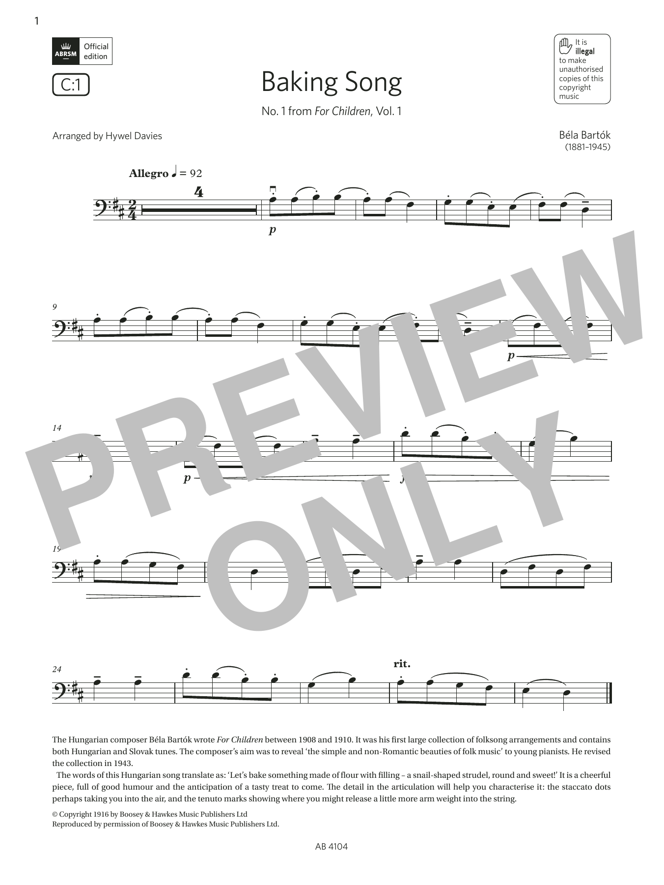 Learn to play Bela Bartók Baking Song (Grade 1, C1, from the ABRSM Cello Syllabus from 2024) sheet music for Cello Solo in minutes. Price: 3.9900$ Bela Bartók Baking Song (Grade 1, C1, from the ABRSM Cello Syllabus from 2024) sheet music notes and chords arranged for Cello Solo