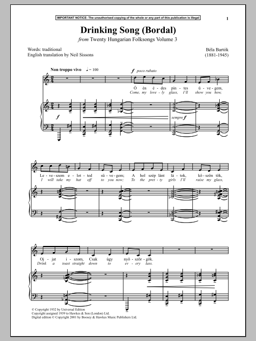 Learn to play Bela Bartok Drinking Song (Bordal) (from Twenty Hungarian Folksongs Vol. 3) sheet music for Piano & Vocal in minutes. Bela Bartok Drinking Song (Bordal) (from Twenty Hungarian Folksongs Vol. 3) sheet music notes and chords
