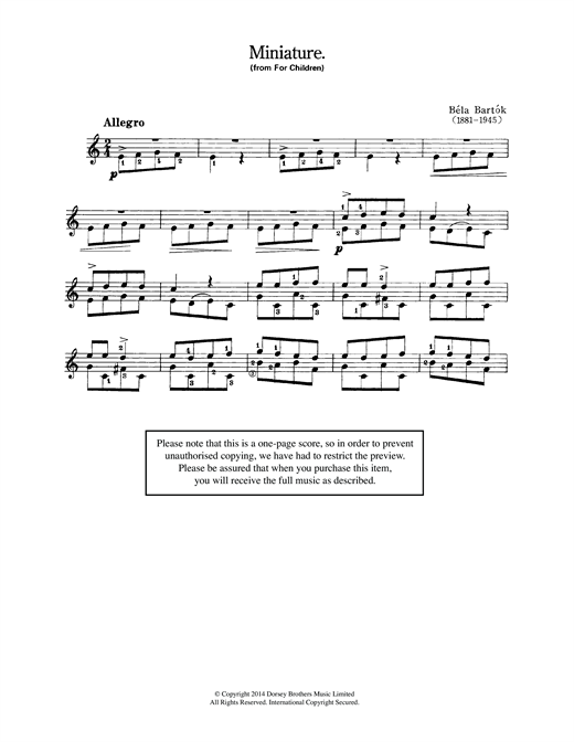 Learn to play Bela Bartok Miniature (from 'For Children') sheet music for Solo Guitar in minutes. Bela Bartok Miniature (from 'For Children') sheet music notes and chords. Download Printable PDF.