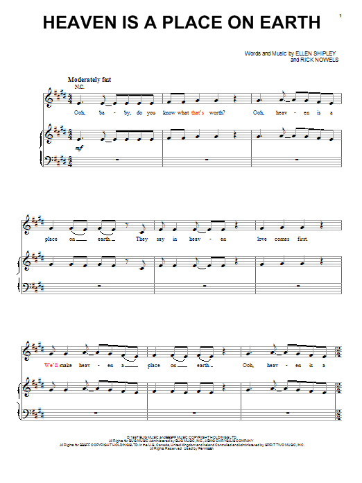 Belinda Carlisle Heaven Is A Place On Earth sheet music notes and chords. Download Printable PDF.