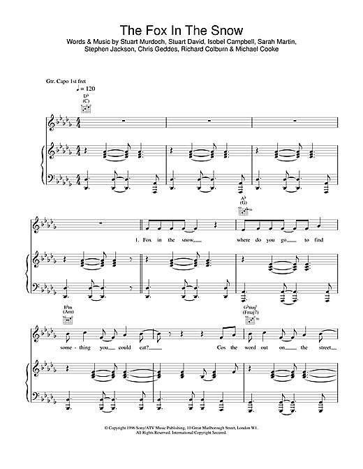Preview Belle & Sebastian Fox In The Snow Pop sheet music, notes and chords for Piano, Vocal & Guitar, SKU: 17135 sheet music, piano notes, chords, guitar tabs, score, transpose, transcribe, how to play, guide, download, learn, tutorial, progression, song, artist, awards, billboard, mtv, vh1, tour, single, album, release