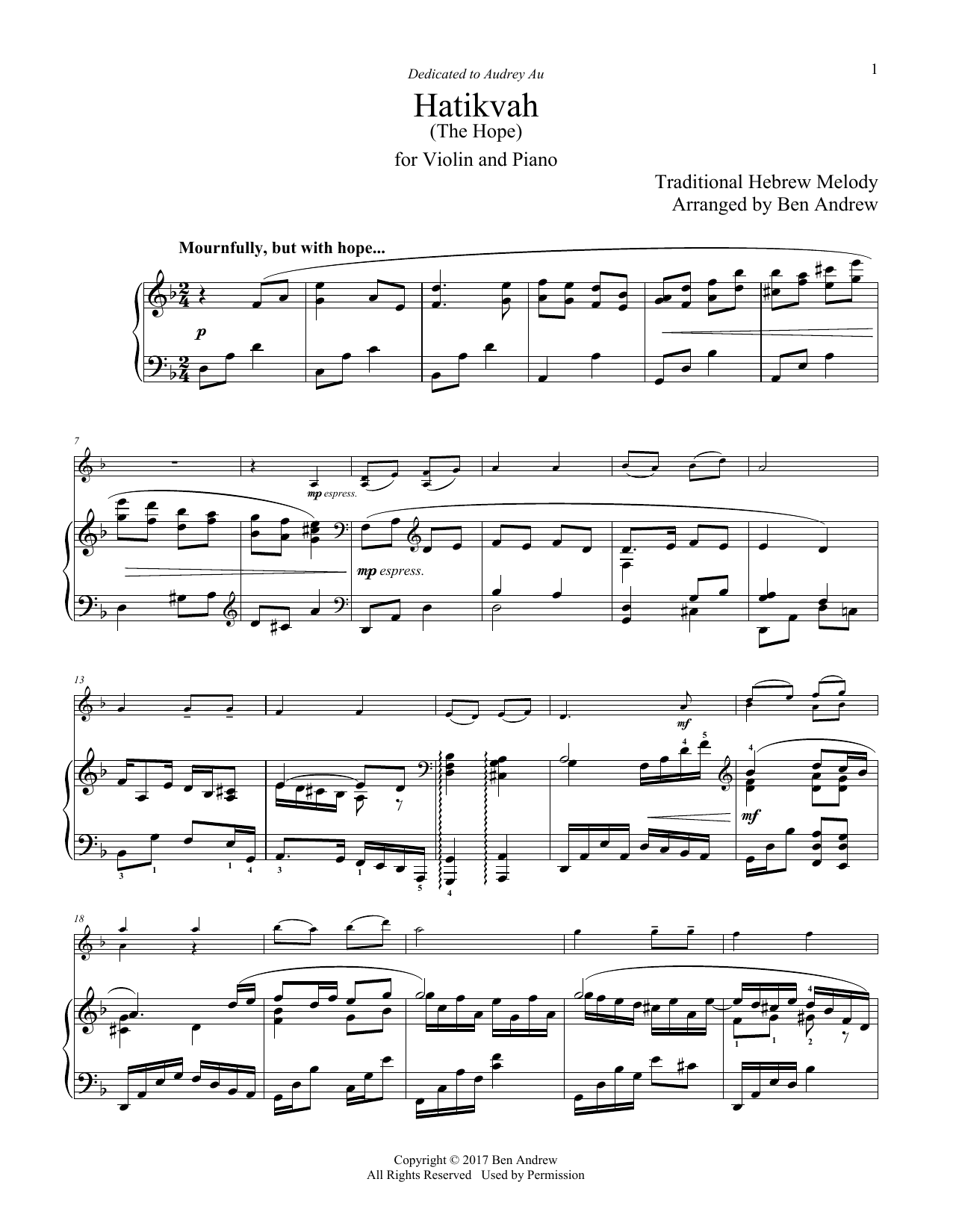 Ben Andrew Hatikvah (The Hope) sheet music notes and chords. Download Printable PDF.