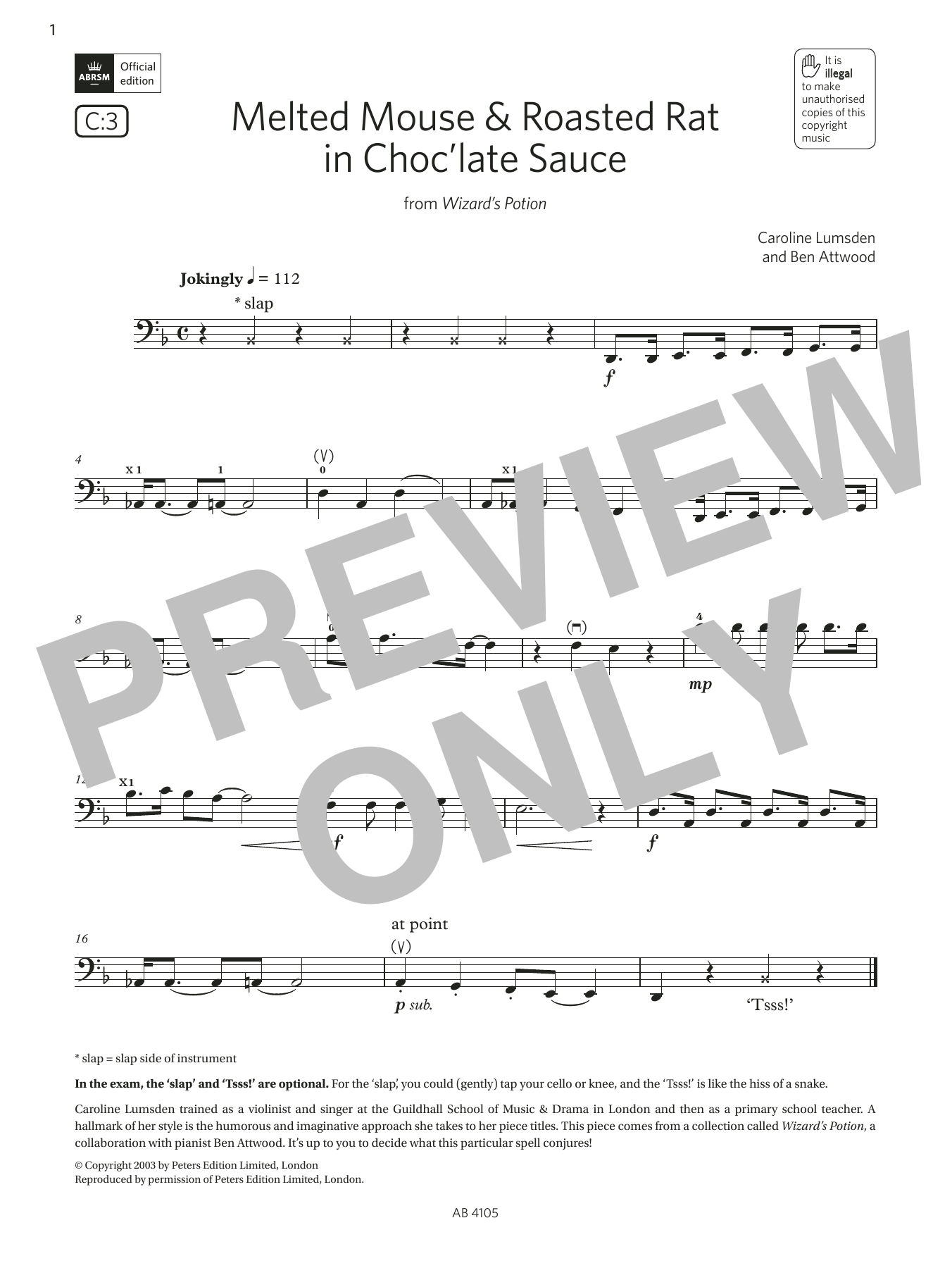 Learn to play Ben Attwood Melted Mouse & Roasted Rat in Choc'late Sauce (Grade 2, C3, from the ABRSM Cello Syllabus from 2024) sheet music for Cello Solo in minutes. Price: 4.4900$ Ben Attwood Melted Mouse & Roasted Rat in Choc'late Sauce (Grade 2, C3, from the ABRSM Cello Syllabus from 2024) sheet music notes and chords arranged for Cello Solo