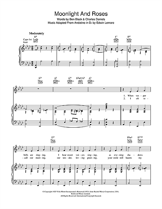Learn to play Ben Black Moonlight & Roses (Bring Mem'ries Of You) sheet music for Piano, Vocal & Guitar (Right-Hand Melody) in minutes. Ben Black Moonlight & Roses (Bring Mem'ries Of You) sheet music notes and chords. Download Printable PDF.